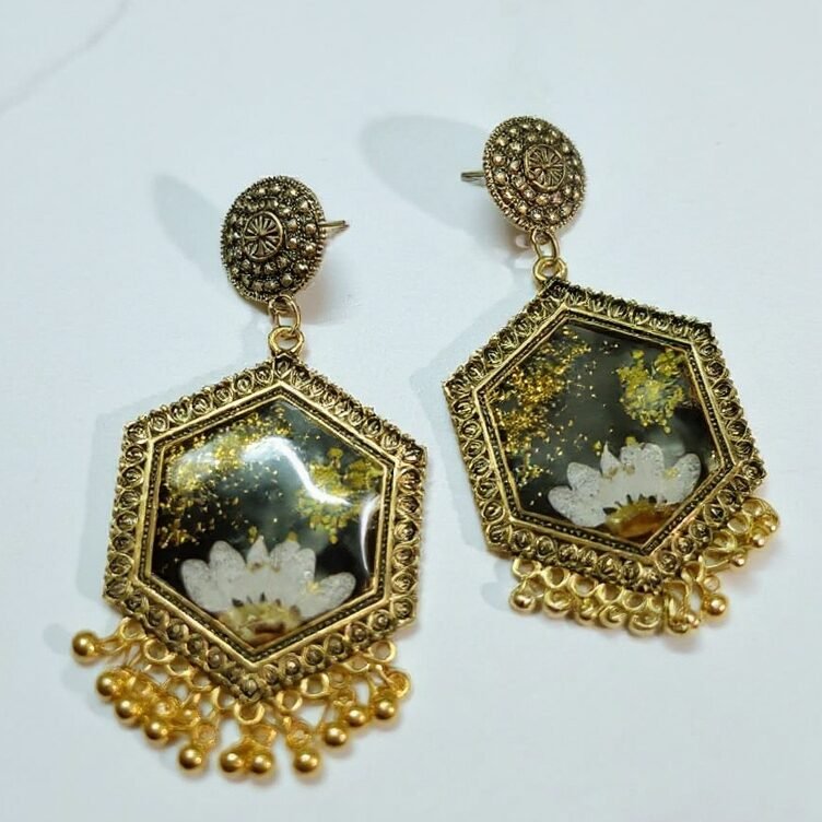 Handmade Resin Earrings with Golden Frame N2 & Floral Design – Trioova Jewelry