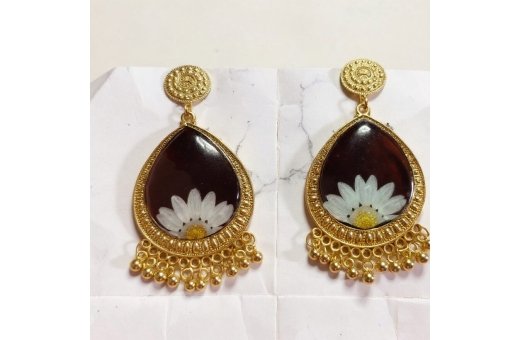 Handmade Resin Earrings with Golden Frame N3 & Floral Design – Trioova Jewelry