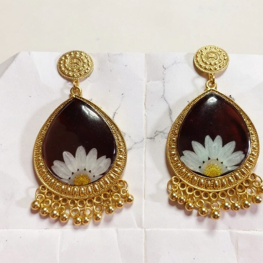 Handmade Resin Earrings with Golden Frame N3 & Floral Design – Trioova Jewelry