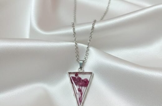 Minimal Triangle Resin Pendant with Original Pink Gypsy Flower – Anti-Tarnish Silver