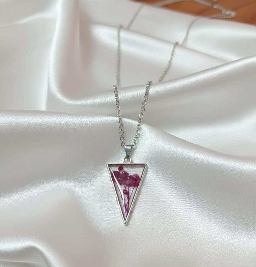 Minimal Triangle Resin Pendant with Original Pink Gypsy Flower – Anti-Tarnish Silver
