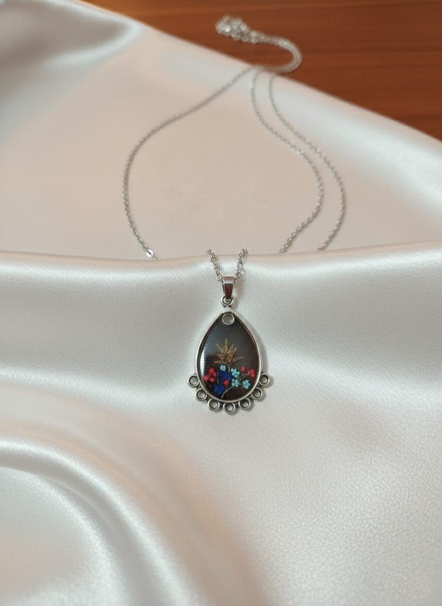 Elegant Queen Breath Flower Resin Water Drop Pendant – Silver Anti Tarnish