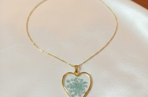 Real Sky Blue Queen Anne’s Breath Heart Pendant with Gold Anti-Tarnish Chain