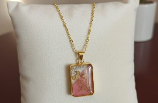 Nature Inspired Pink Flower Resin Pendant Necklace | Gold Jewelry