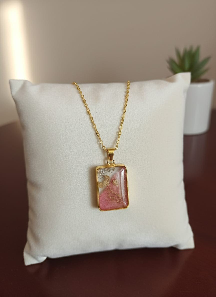 Nature Inspired Pink Flower Resin Pendant Necklace | Gold Jewelry