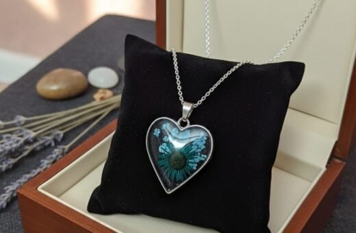 Real Blue Daisy Floral Resin Heart Necklace | Silver Jewelry Set