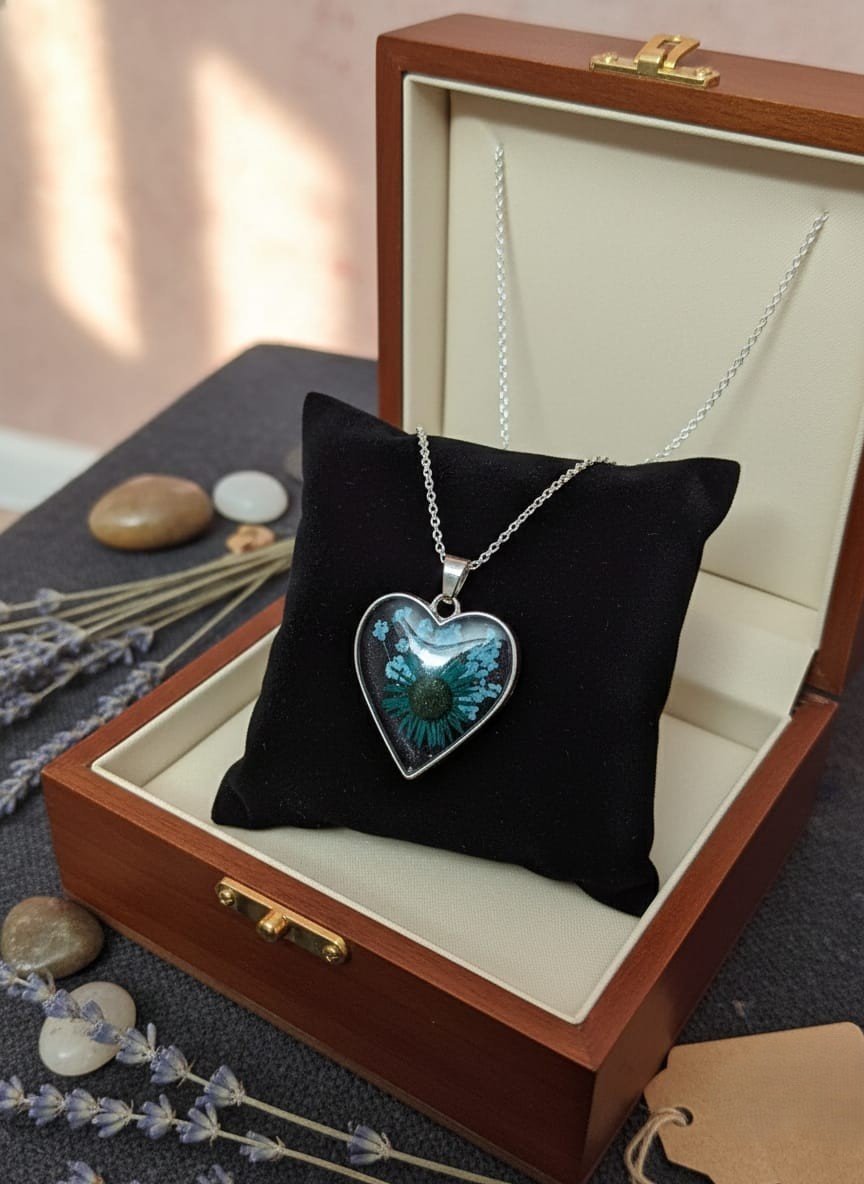 Real Blue Daisy Floral Resin Heart Necklace | Silver Jewelry Set