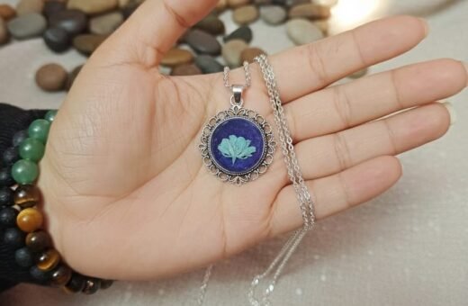 Vintage Style Sky Blue Rose Resin Necklace – Botanical Silver Jewelry