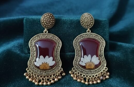 Handmade Resin Earrings with Golden Frame & Floral Design – Trioova Jewelry
