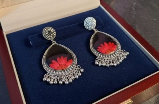 Handmade Red Daisy Resin Water Drop Jhumka Earrings – 2 Layer Silver Finish Real Flower Jewelry