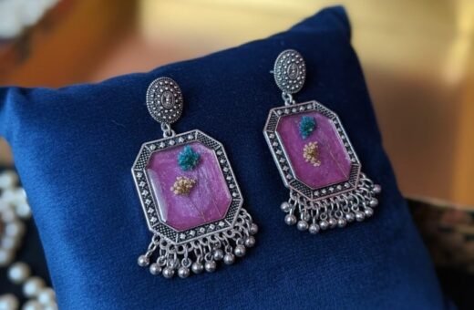 Handmade Queen Anne’s Breath Resin Square Vintage Earrings – 2 Layer Silver Floral Statement Jewelry (Purple Base)