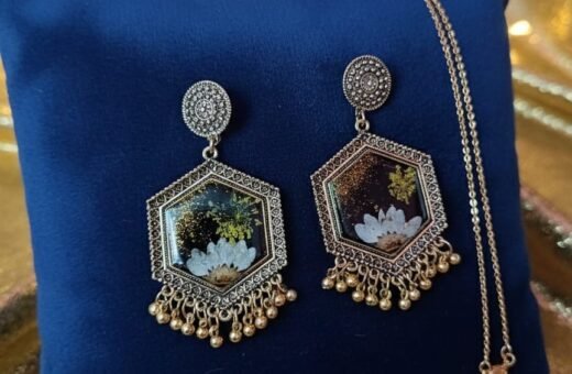 Handmade Resin Earrings with Golden Frame N2 & Floral Design – Trioova Jewelry