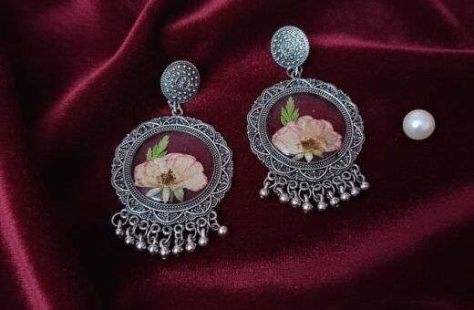 Real Dried Rose Resin Round Vintage Earrings – 2 Layer Silver Floral Statement Jewelry