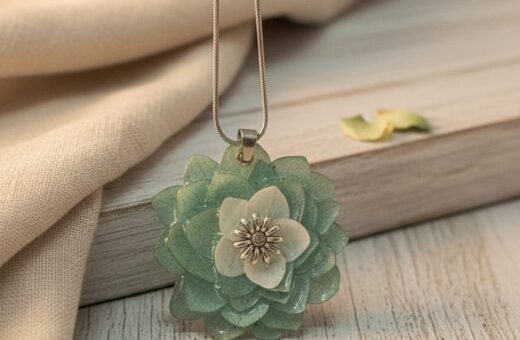 Delicate White & Blue Hydrangea Floral Resin Pendant Necklace – Silver Jewelry