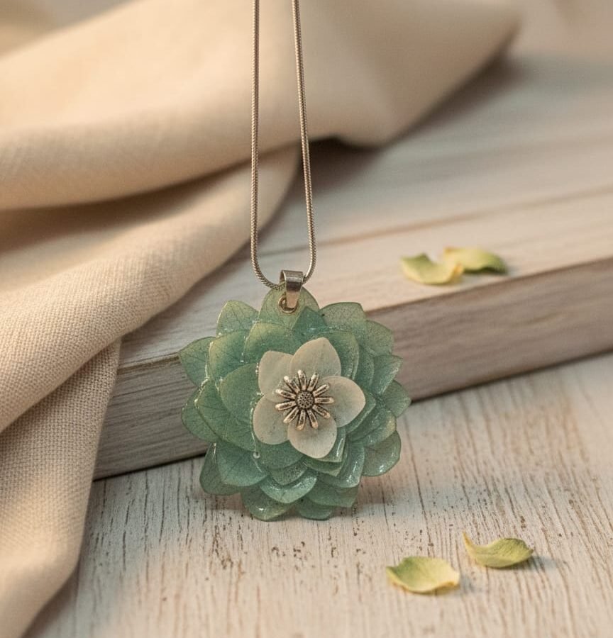 Delicate White & Blue Hydrangea Floral Resin Pendant Necklace – Silver Jewelry
