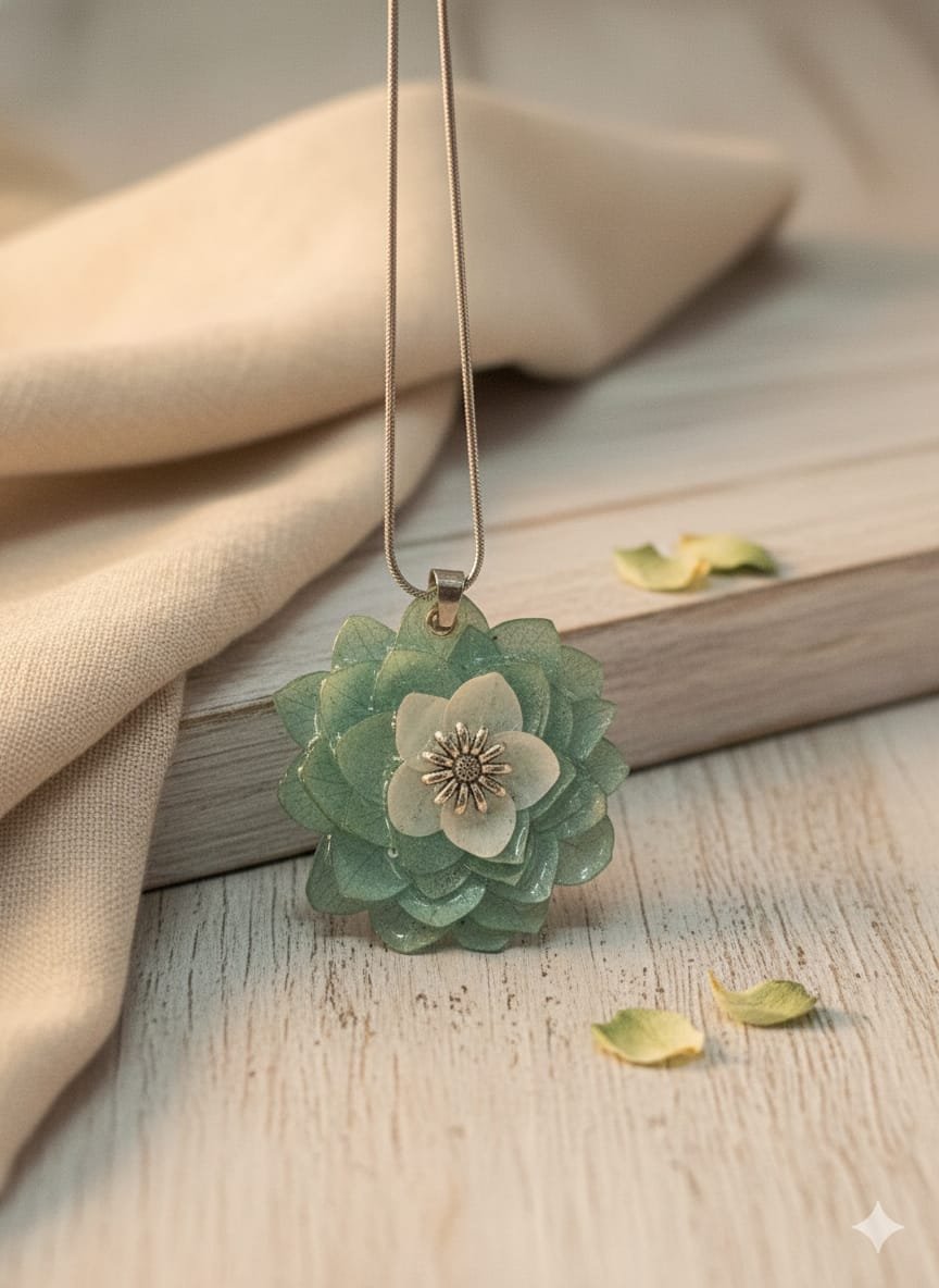 Delicate White & Blue Hydrangea Floral Resin Pendant Necklace – Silver Jewelry