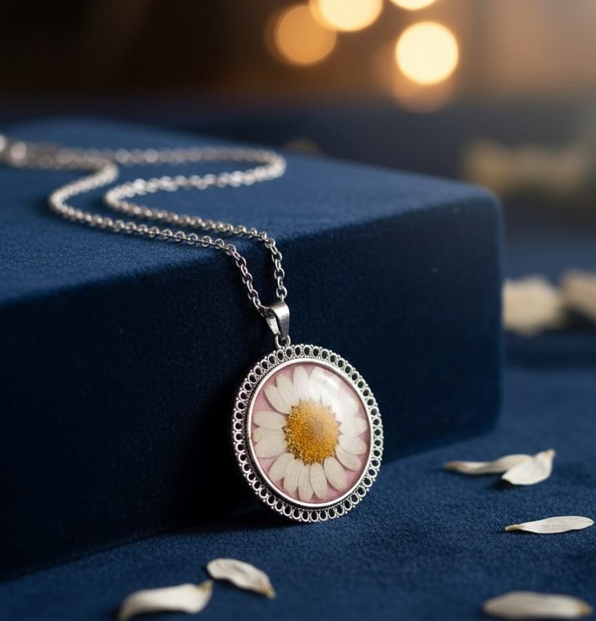 Real White Daisy Flower Resin Pendant Necklace | Silver Jewelry