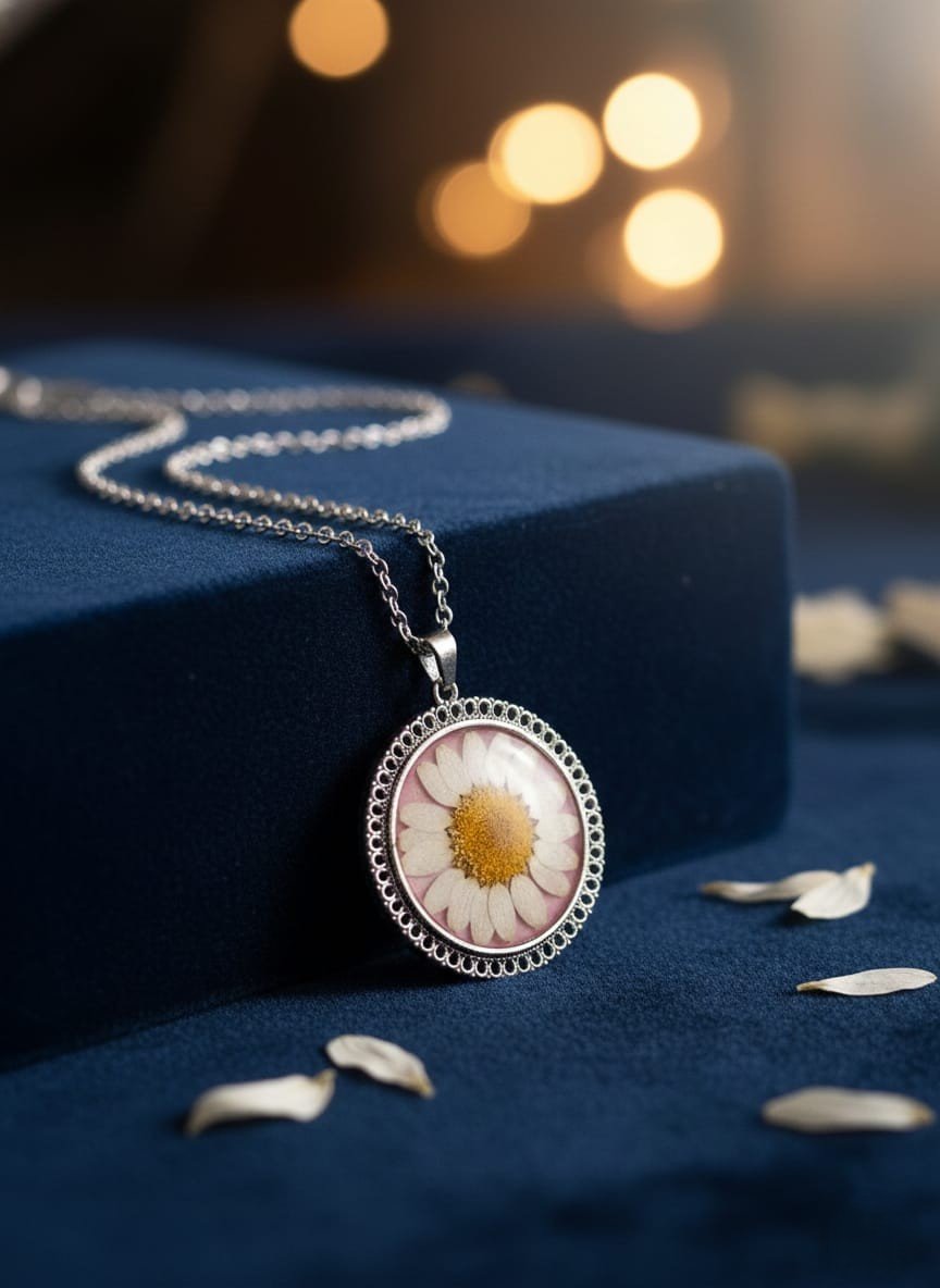 Real White Daisy Flower Resin Pendant Necklace | Silver Jewelry