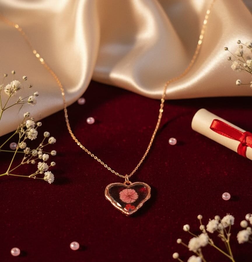 Elegant Baby’s Breath Resin Heart Pendant Necklace – Anti Tarnish Rose Gold