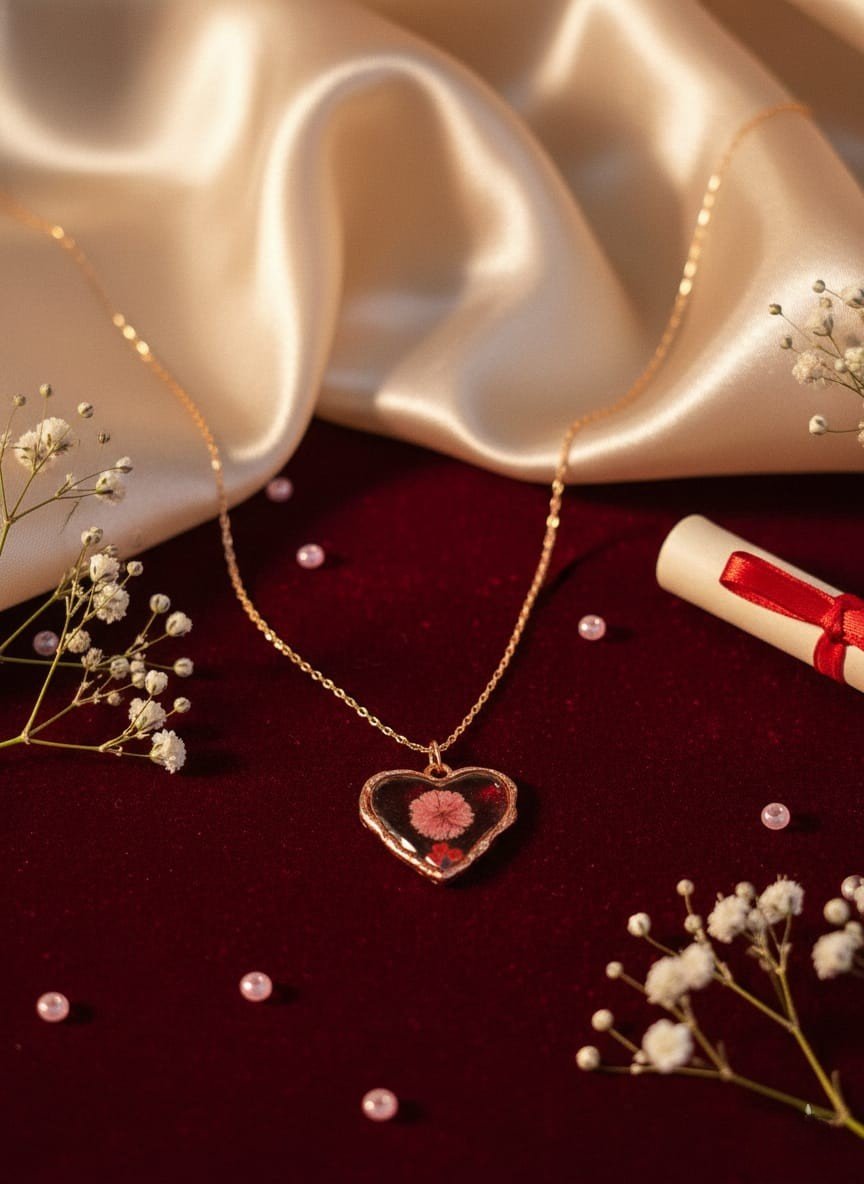 Elegant Baby’s Breath Resin Heart Pendant Necklace – Anti Tarnish Rose Gold