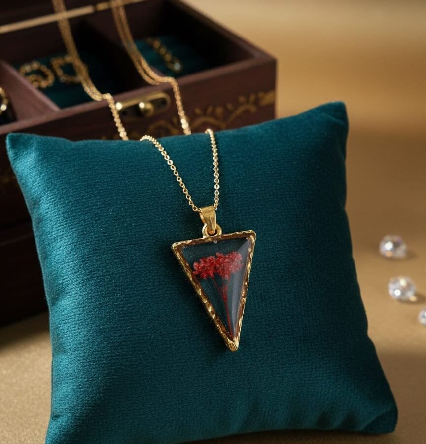 Real Baby’s Breath Flower Resin Triangle Pendant Necklace | Gold Jewelry