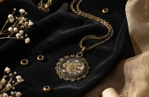 Elegant White Floral Resin Round Pendant – Antique Gold Look