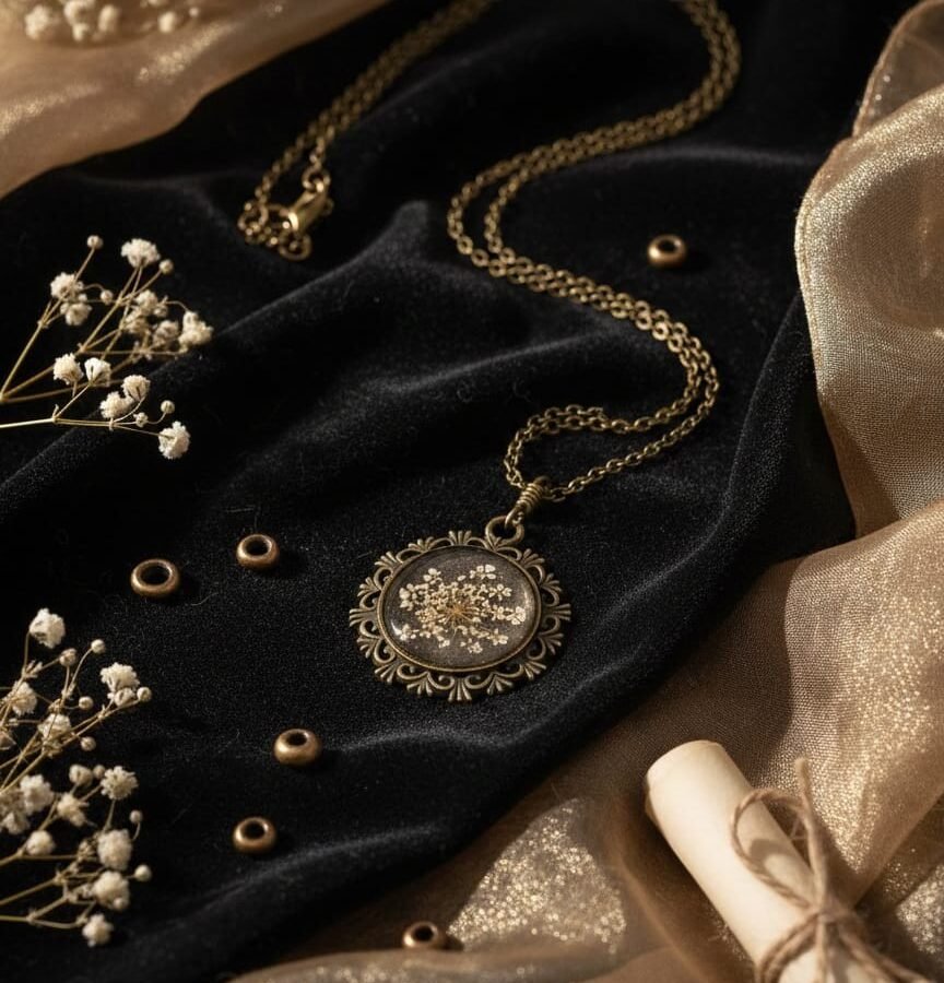 Elegant White Floral Resin Round Pendant – Antique Gold Look