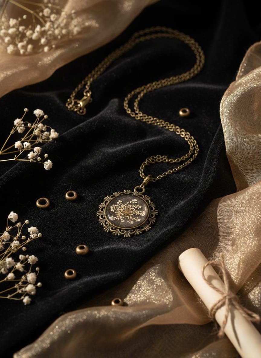 Elegant White Floral Resin Round Pendant – Antique Gold Look