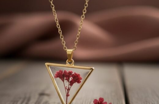 Nature Inspired Purple Baby’s Breath Resin Triangle Necklace in Gold