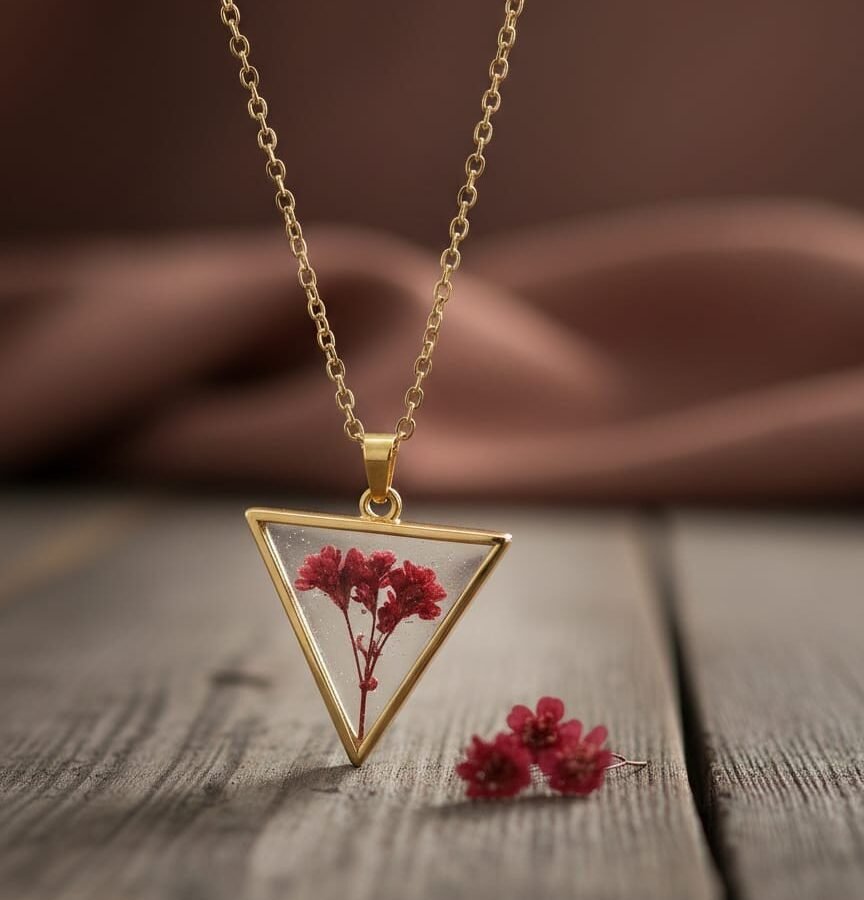 Nature Inspired Purple Baby’s Breath Resin Triangle Necklace in Gold