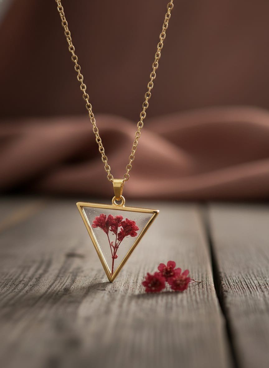 Nature Inspired Purple Baby’s Breath Resin Triangle Necklace in Gold
