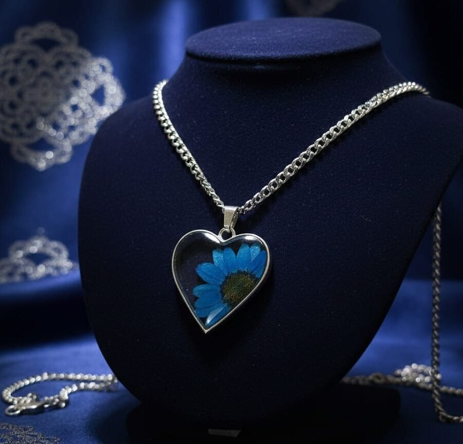 Blue Daisy Flower Resin Heart Pendant Necklace – Silver Jewelry