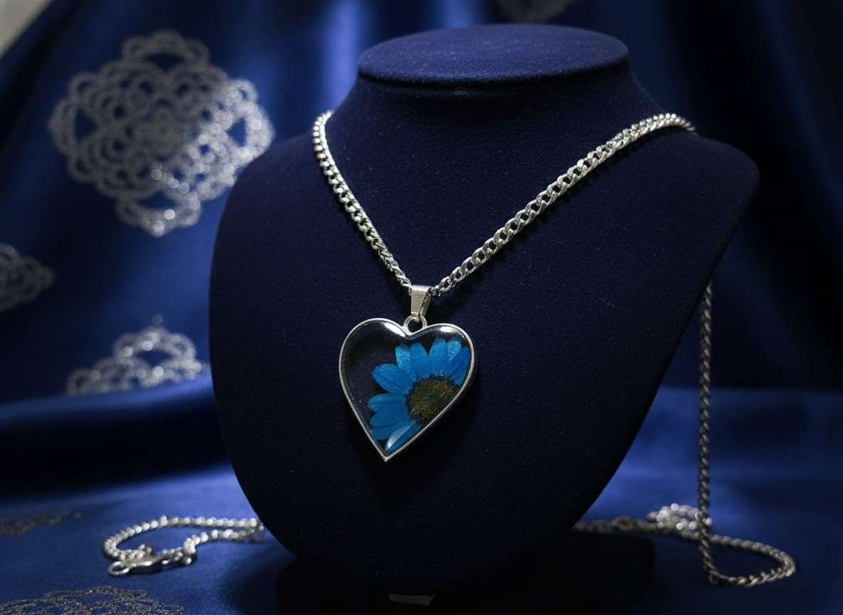Blue Daisy Flower Resin Heart Pendant Necklace – Silver Jewelry