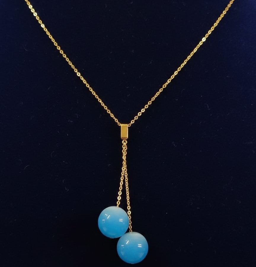 Double Sky Blue Resin Bead Pendant Necklace – Gold Anti Tarnish