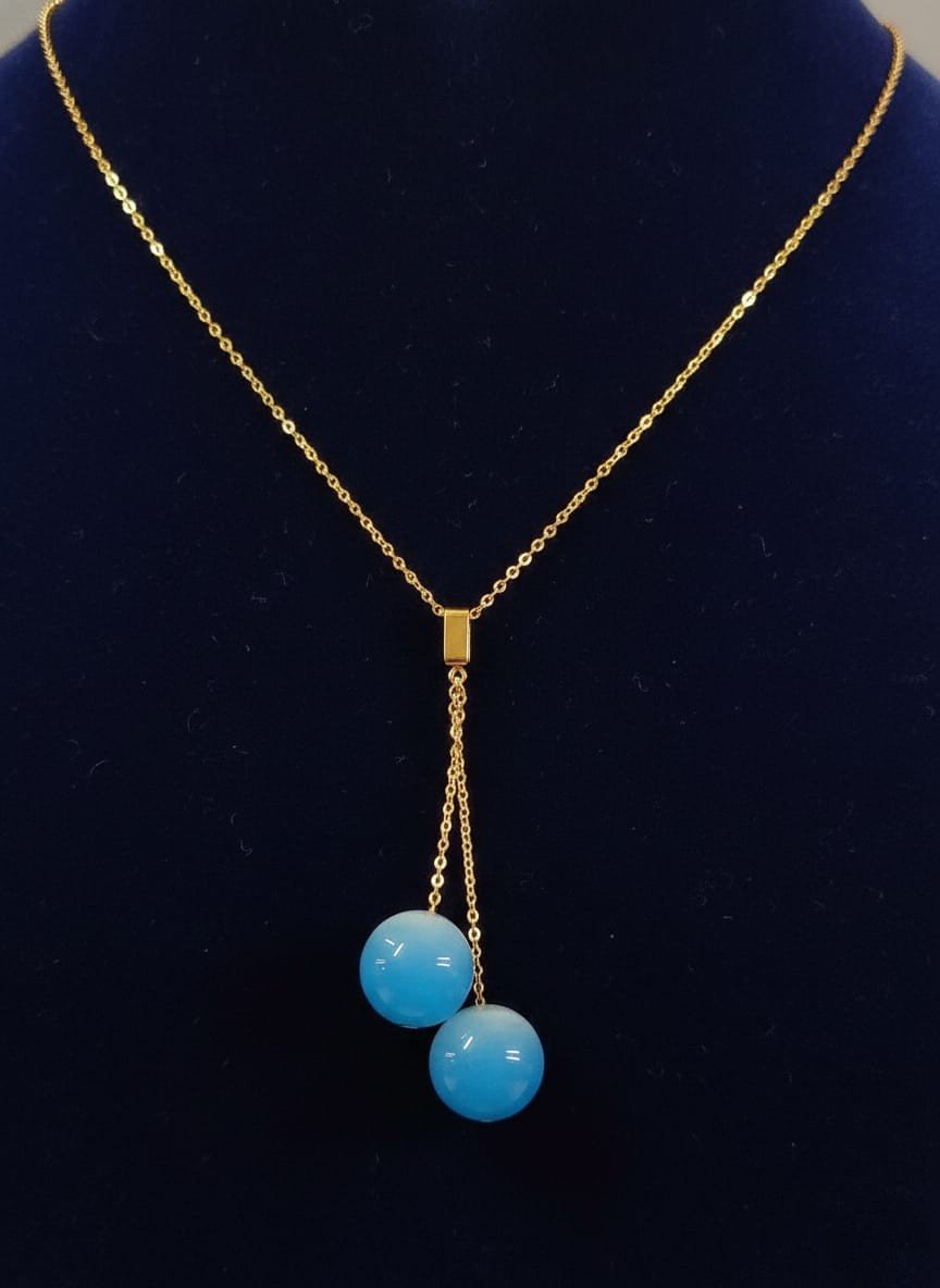Double Sky Blue Resin Bead Pendant Necklace – Gold Anti Tarnish
