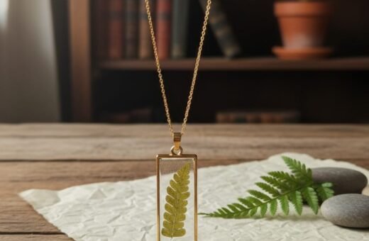 Elegant Fern Leaf Resin Pendant in Rectangular Design (Gold Anti Tarnish)