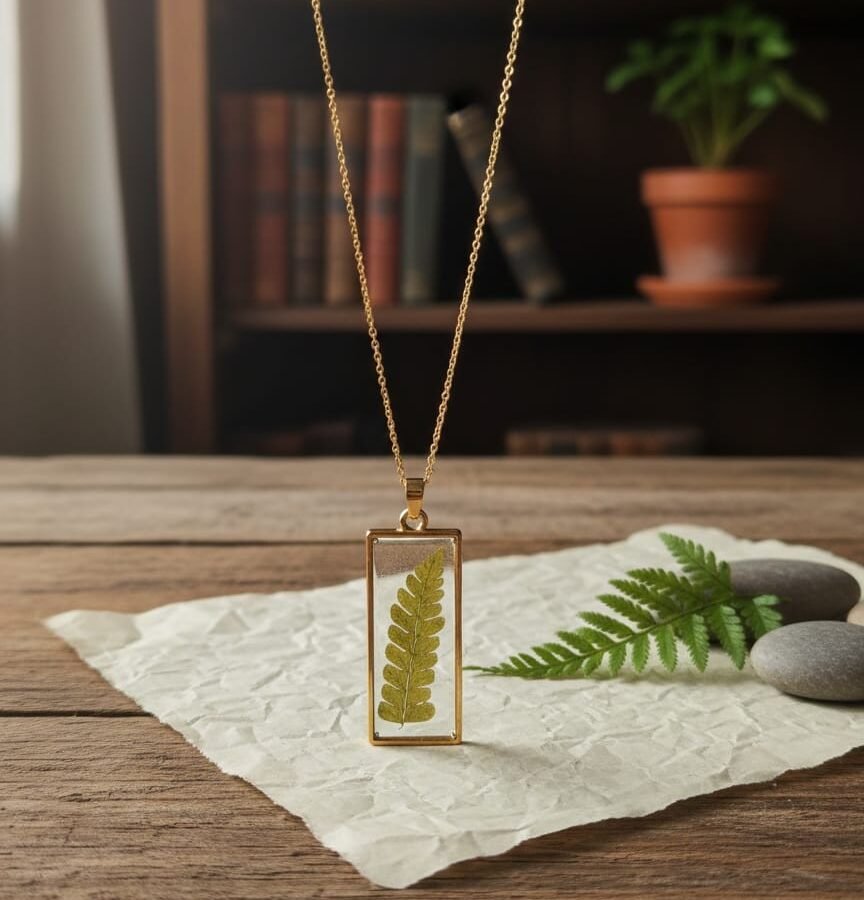 Elegant Fern Leaf Resin Pendant in Rectangular Design (Gold Anti Tarnish)