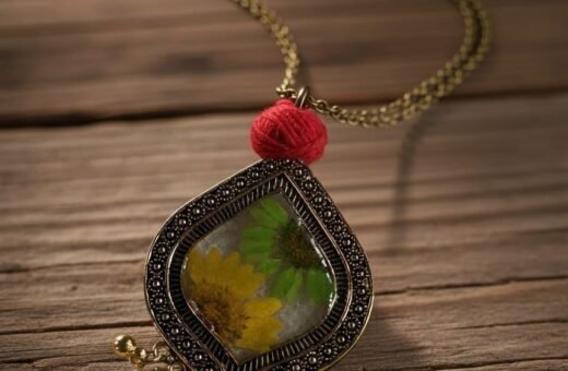 Real Green & Yellow Daisy Resin Pendant Necklace in Anti Tarnish Gold