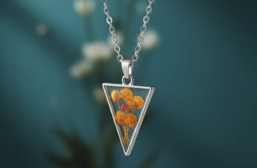 Nature Inspired Baby’s Breath Resin Triangle Pendant in Anti Tarnish Silver