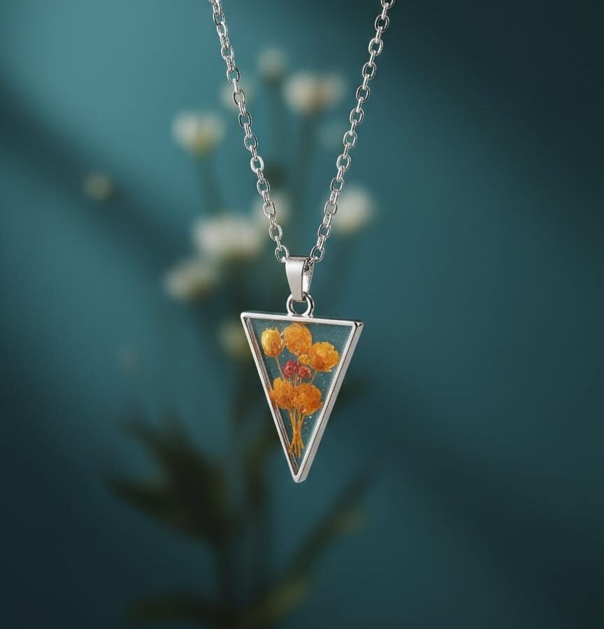 Nature Inspired Baby’s Breath Resin Triangle Pendant in Anti Tarnish Silver