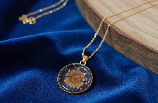 Real Aster Flower Resin Pendant in Round Shape – Anti Tarnish Gold