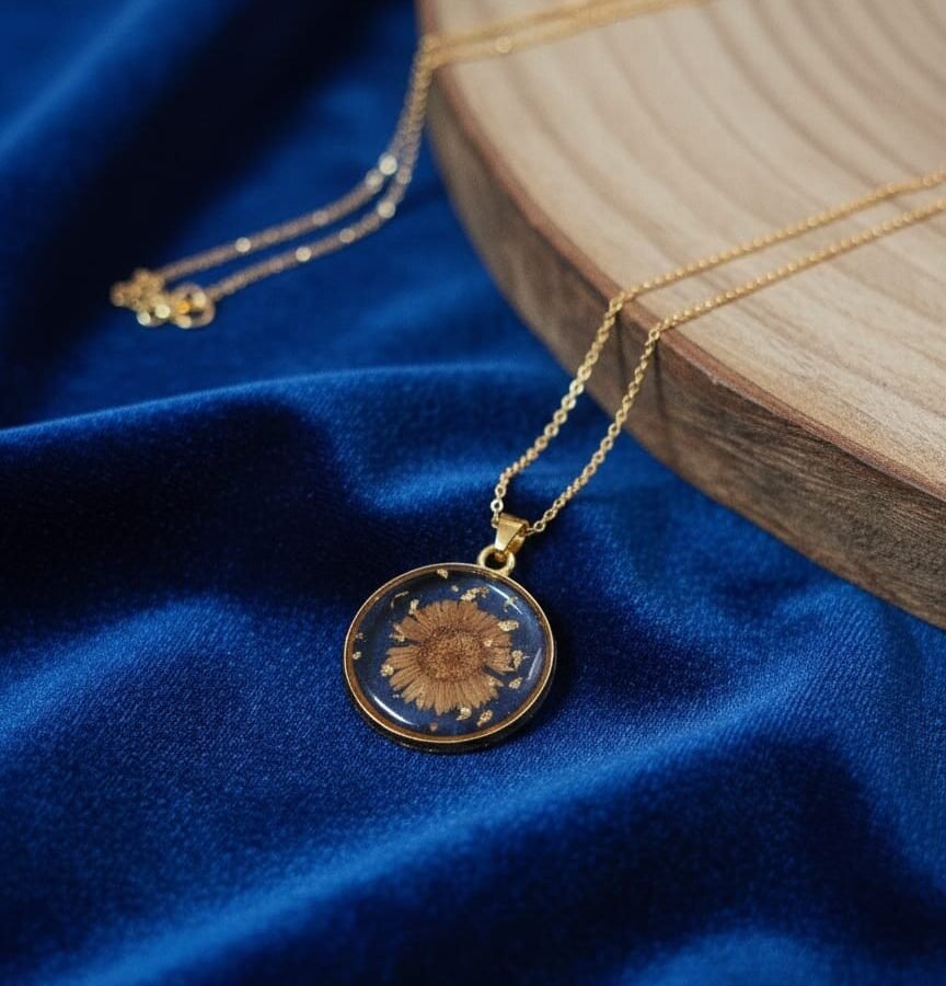 Real Aster Flower Resin Pendant in Round Shape – Anti Tarnish Gold